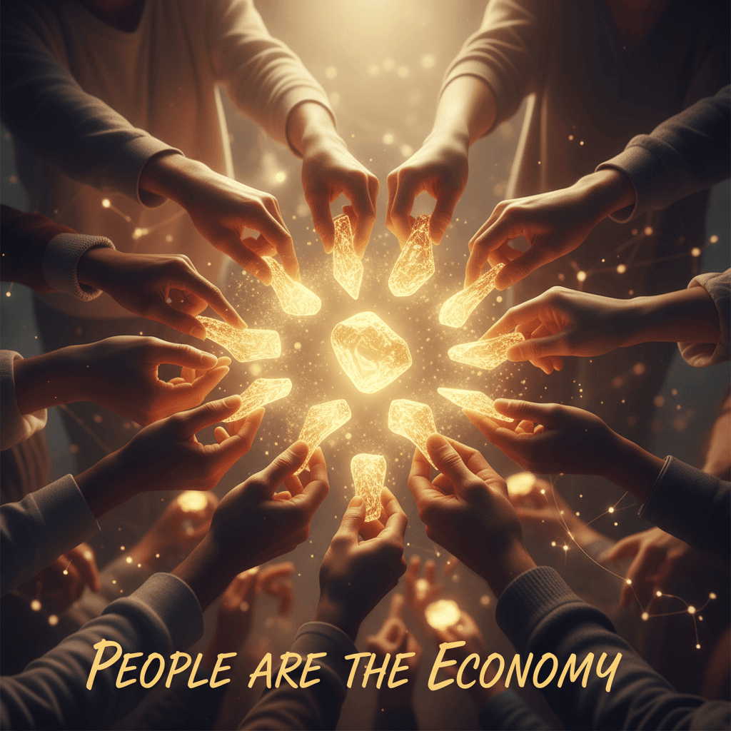 Diverse hands exchanging golden BARTEX tokens representing community value