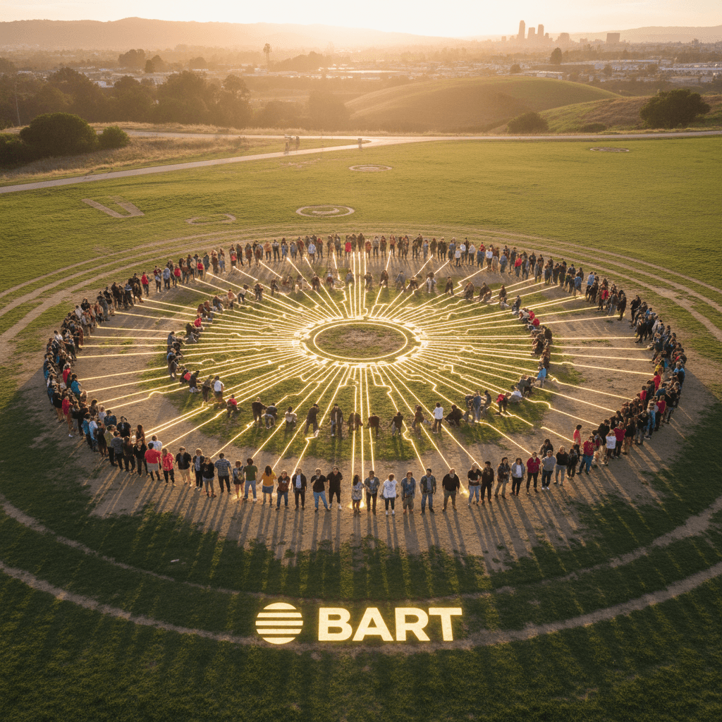 Aerial view of people in circular formation connected by value network