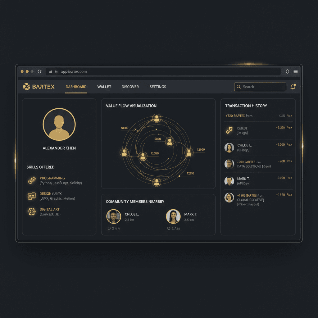 Desktop BARTEX wallet dashboard with community and skills features