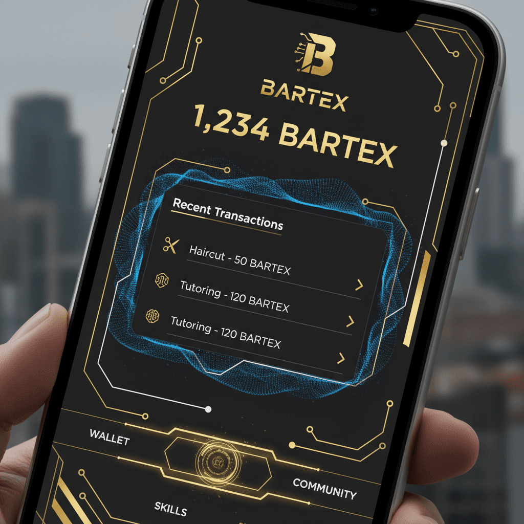 BARTEX mobile wallet showing balance, transactions and skills
